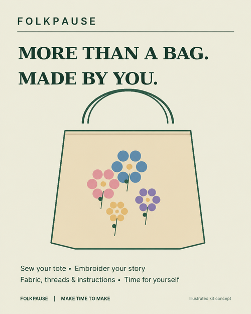 Folkpause DIY tote sewing and embroidery kit concept illustration with colourful flowers. More than a bag. Made by you.